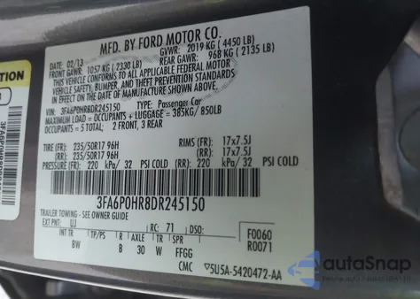 2013 Ford Fusion Se z USA, uszkodzony, nr VIN 3FA6P0HR8DR245150